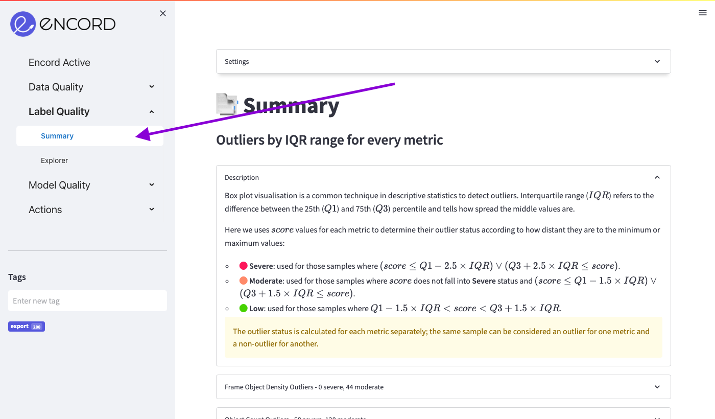 Label Quality Summary Page