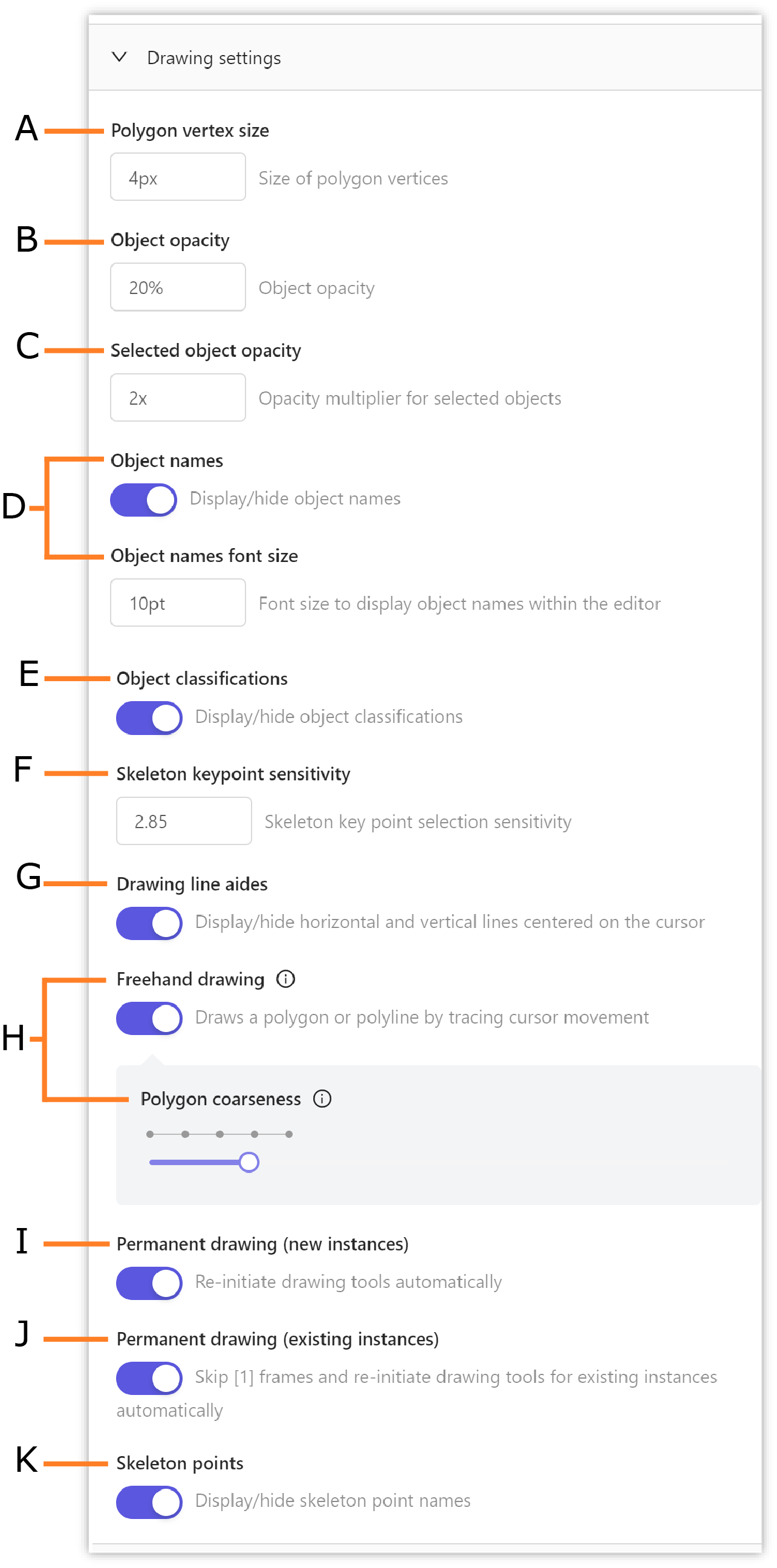 Drawing settings in label editor settings