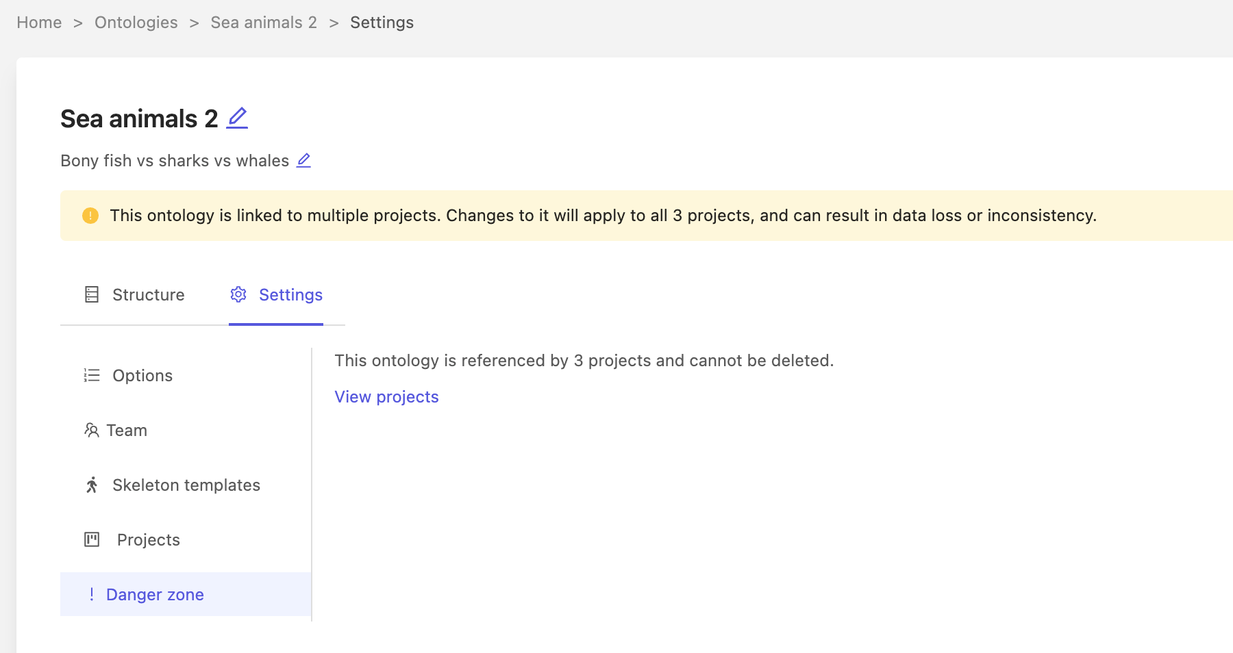 Screenshot of the ontology deletion pane