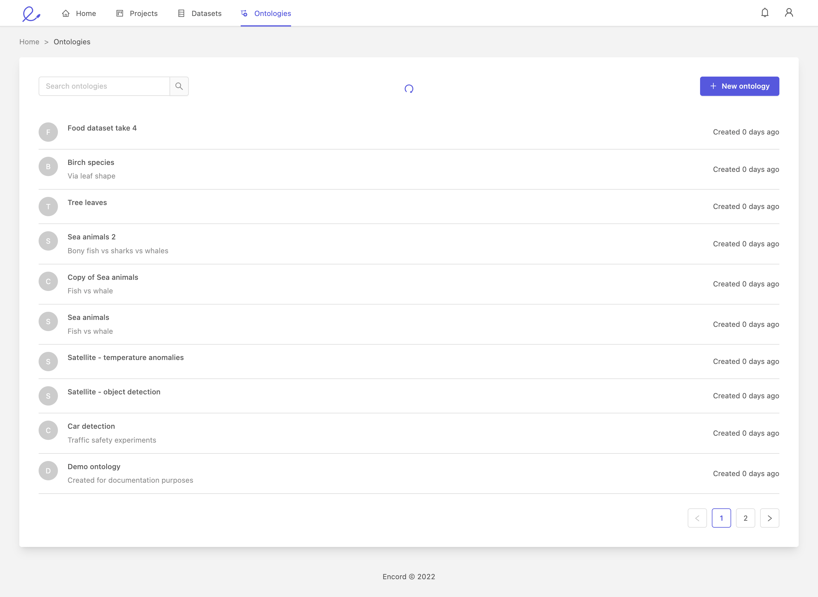 Screenshot of the ontologies screen