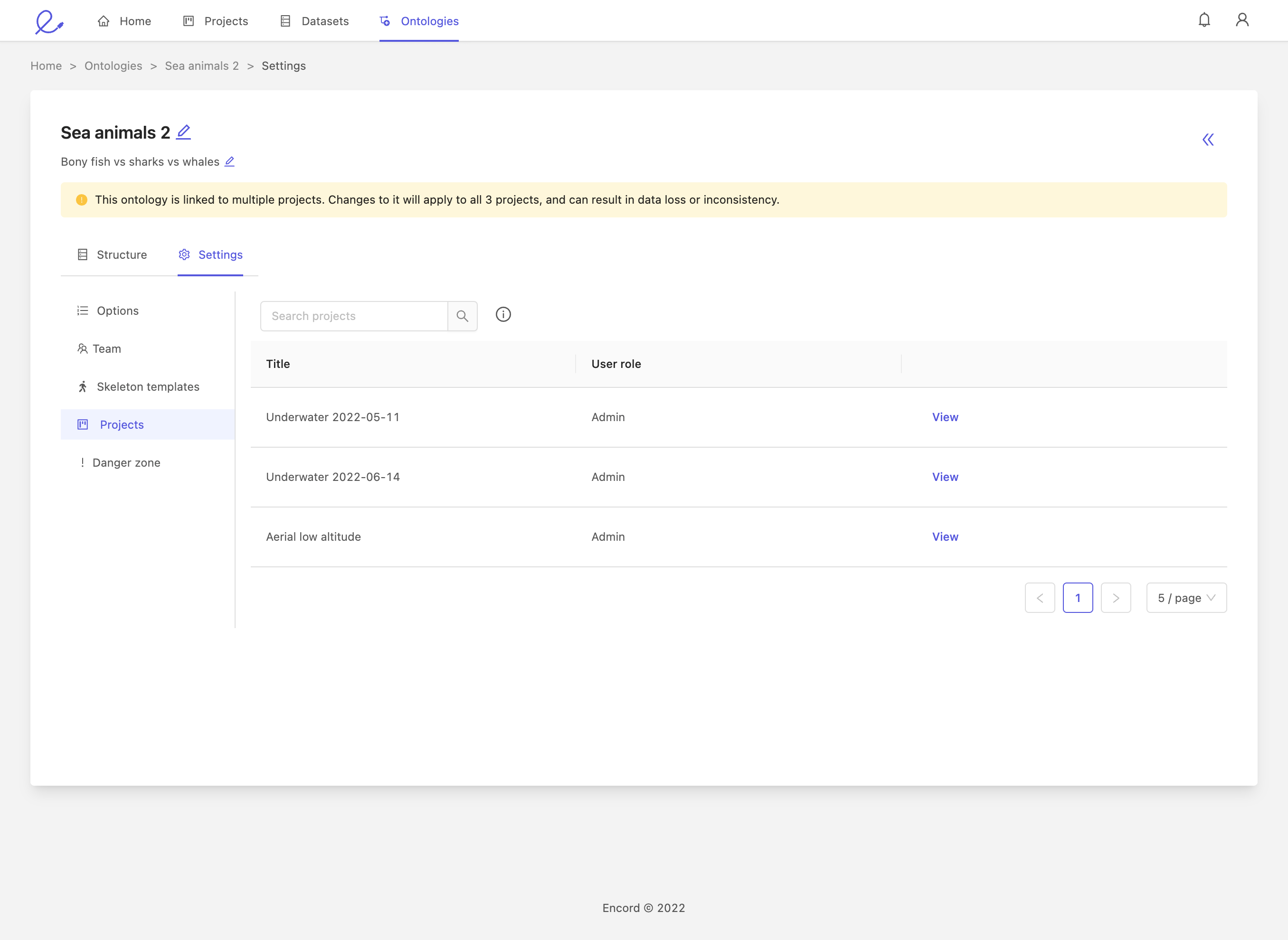 Screenshot of ontology projects pane